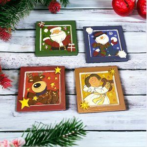 COASTERS -- Set of 4, Wooden Christmas, Raised Detail, Different Characters